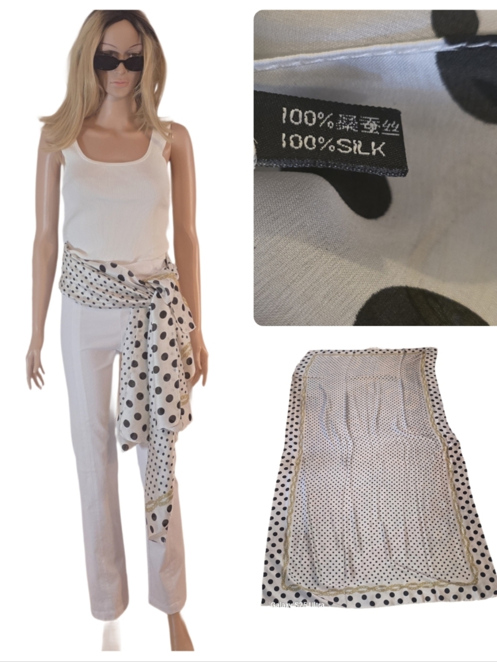 Silk Polka Dot Wrap Scarf - Cream Black 76" X 32" W